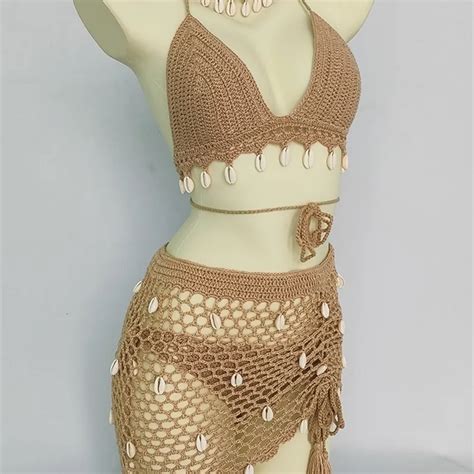 Traje De Baño Para Mujer Mujer Bikini Set Crochet Shell Borla Top Sexy