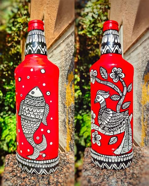 Madhubani Art On Bottle ️ Glass Bottles Art Bottle Painting Diy Bottle Crafts