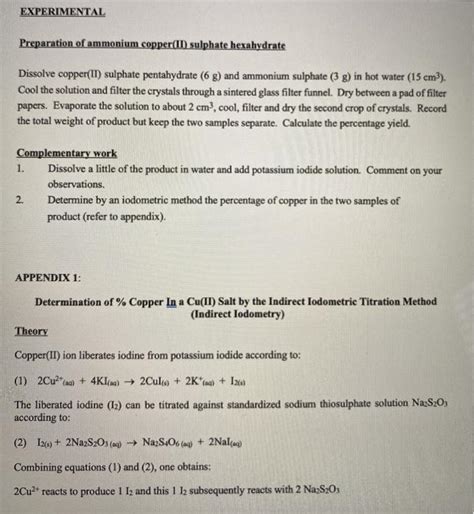 Solved EXPERIMENTAL Preparation Of Ammonium Copper II Chegg