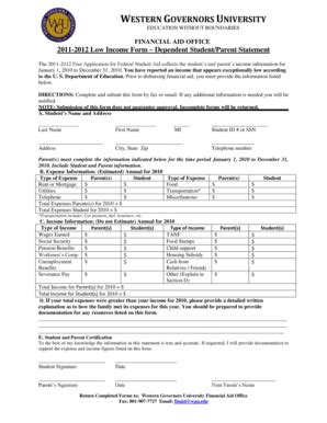 Fillable Online Wgu 2011 2012 Low Income Form Dependent StudentParent