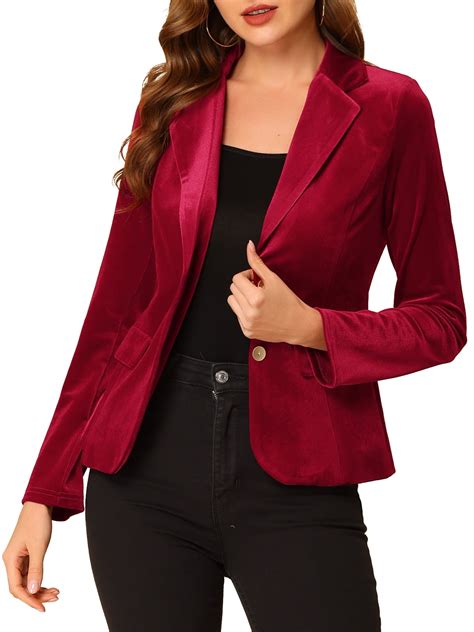 Allegra K Womens Christmas Vintage Notched Lapel Button Front Office Velvet Blazer L Burgundy