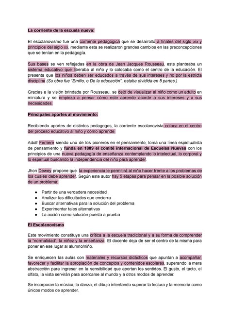 El Escolanovismo - Resumen propio - La corriente de la escuela nueva