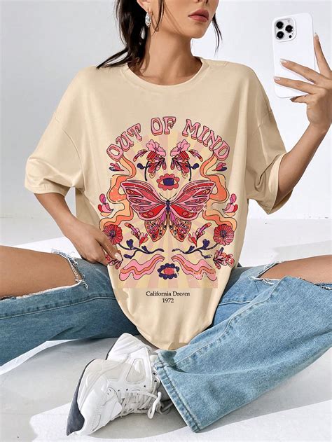 Shein Ezwear Camiseta Amplia Con Estampado De Mariposa Y Letra De