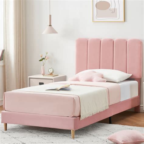 Idealhouse Modern Pink Twin Size Bed Frame Velvet Upholstery Wooden Slats Noise Free Easy