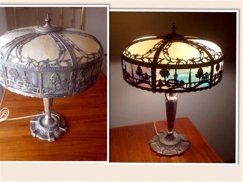 1920 Art Nouveau Slag Glass Lamp With Gorgeous Metal Scenic Overlay