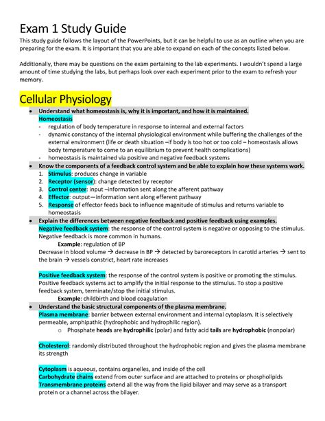 Physio Lab Exam 1 Review Exam 1 Study Guide This Study Guide Follows