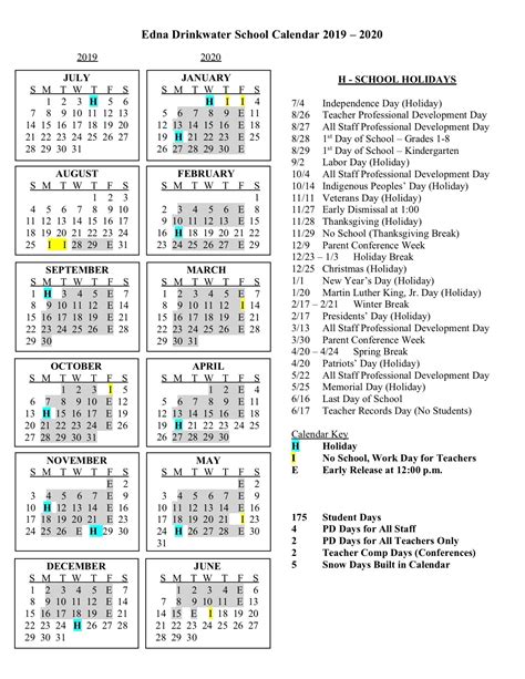 Edna Drinkwater School | Calendar for Planning