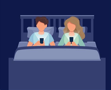 Couple Couché Dans Son Lit Avec Un Téléphone La Nuit Vecteur Premium