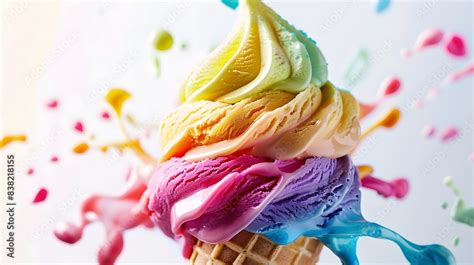 Colorful Rainbow Swirl Ice Cream Cone With Vibrant Splashes On A White