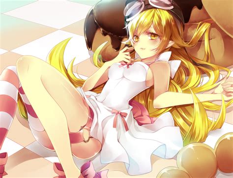 Safebooru 1girl Bakemonogatari Blonde Hair Doughnut Dress Goggles