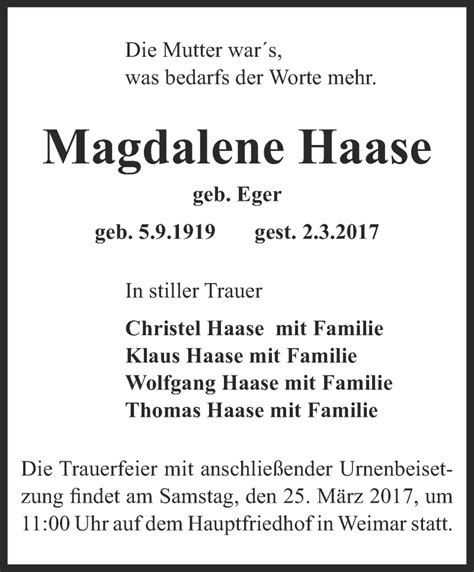 Traueranzeigen Von Magdalena Haase Trauer In Thueringen De