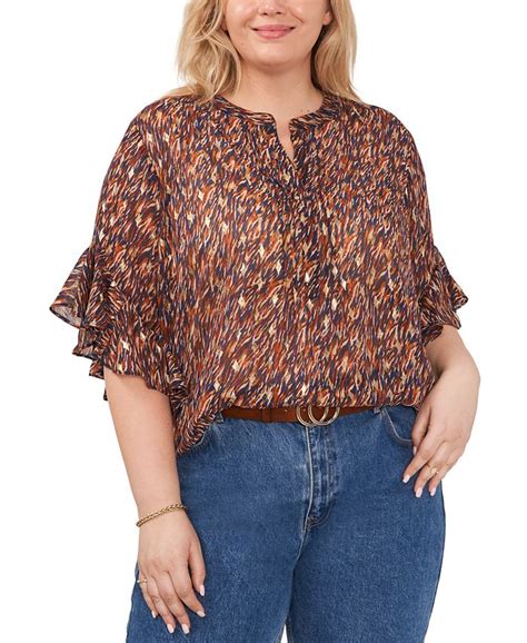 Vince Camuto Plus Size Printed Split Neck Ruffle Sleeve Blouse Macy S