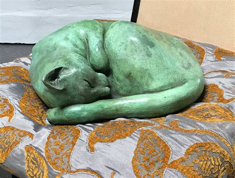 Curled Up Cat Bronze Sculpture Verdigris By Christine Baxter Etsy