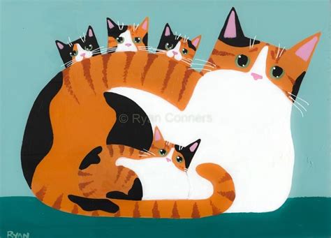 A Painting Of Cats Laying On Top Of Each Other In Front Of A Blue