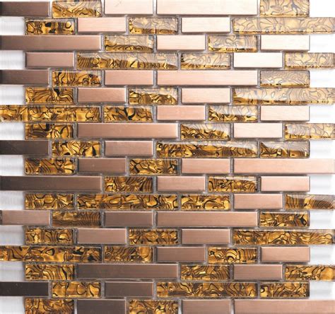 Sample Of Amber Glass And Brushed Copper Effect Stainless Steel Mosaic Tiles Mt0169 Parement