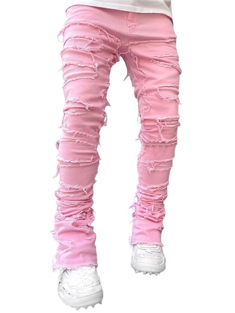 Men S Ripped Stacked Jeans Slim Fit Patch Distressed Destroyed Straight