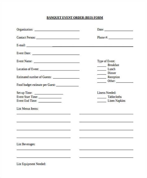 Banquet Event Order Template Word