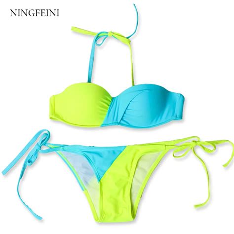 Ningfeini Sexy Bikini Set Summer 2018 Contrast Color Swimsuit Halter