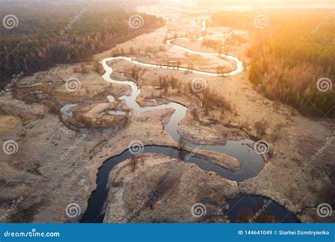 Bright Sunrise Over Wild Curved River Aerial View Stock Image Image