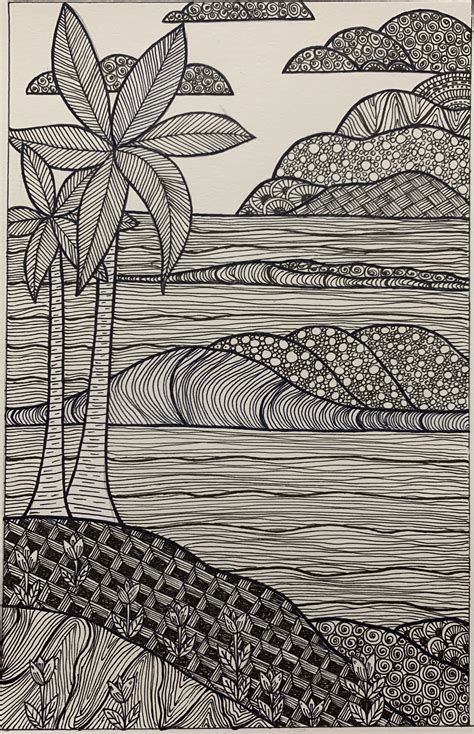 Zentangle Beach In Line Art Drawings Zen Doodle Art Geometric