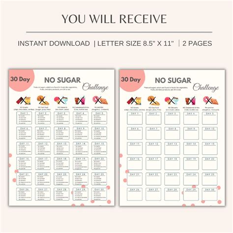 30 Day No Sugar Challenge Printable No Sugar Tracker Sugar Detox Avoid