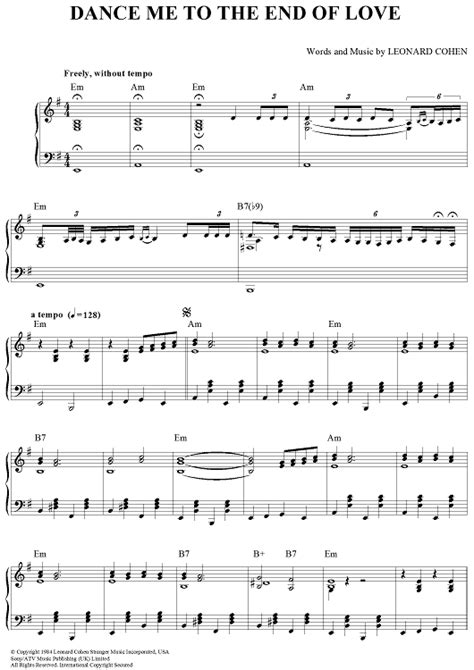 Dance Me To The End Of Love Sheet Music Preview Page 1 Piano Songs