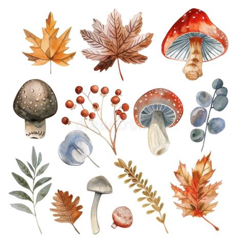 Watercolor Autumn Leaves And Mushrooms Nature Inspired Botanical