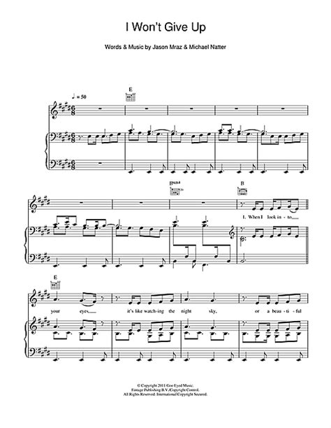 I Wont Give Up Sheet Music By Jason Mraz Piano Vocal And Guitar Right Hand Melody 113928