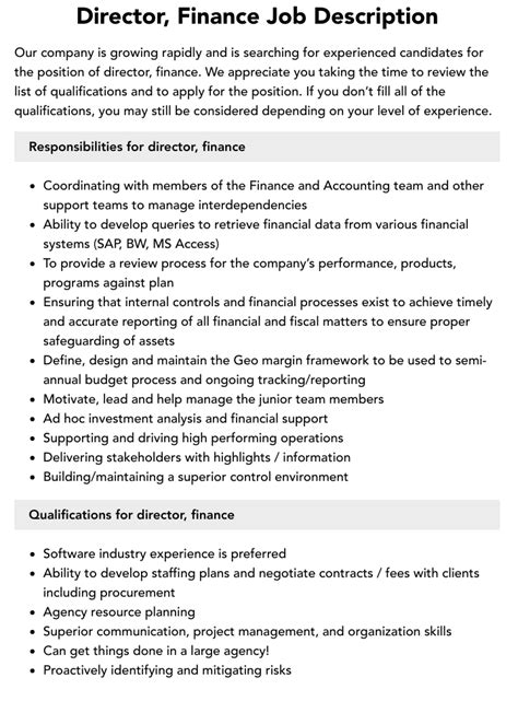 Director Finance Job Description Velvet Jobs