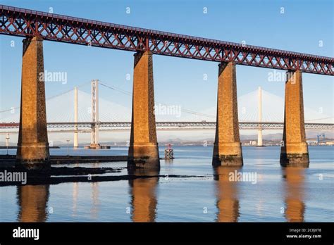 Forth Bridges The Two Road Bridges Seen Through The Rail Bridge