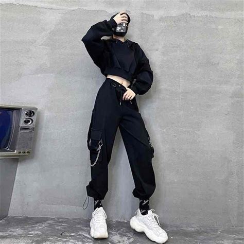 Qweek Gothic Oversized Cargo Pants With Black Chain For Women Harajuku