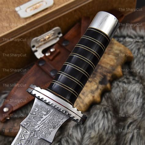 Damascus Dagger With Beautiful Bull Horn Handle And Leather Etsy