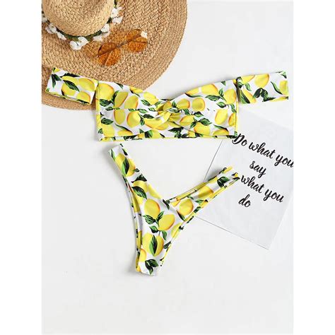 Zaful Lemon Printed Thong Bikini Sexy Swimwear Off Shoulder Bikini Set