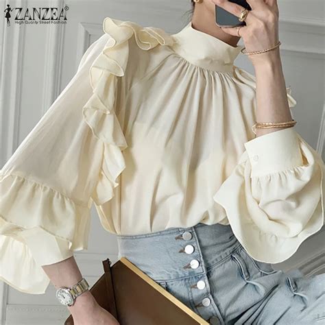 Zanzea Fashion Lady Blouse 2021 Autumn Solid Puff Sleeve Tunic Womens