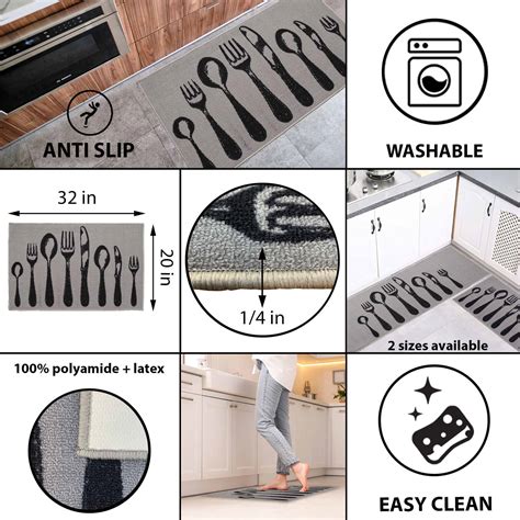 Gray Wool Effect Kitchen Mat With Chic Cutlery Print X