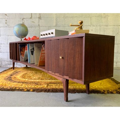 Extra Long Low Mid Century Modern Walnut Vinyl Record Credenza Media Stand Chairish