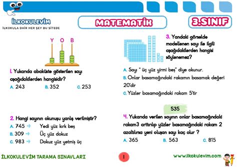 3 Sınıf Matematik Tarama Sınavı 1 İlkokul Evim İlkokul Ders