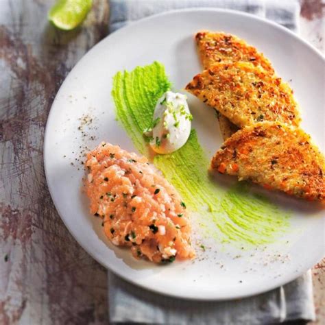 Lachstatar mit Gemüse Puffern und Limettendip bofrost Rezepte Snacks