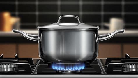 Stainless Steel Pot Boiling Water On The Gas Stove Vector Realistic