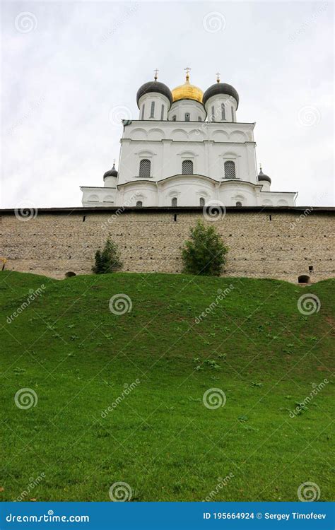 Pskov Trinity Cathedral Inside The Kremlin Krom Walls On The Green Hill