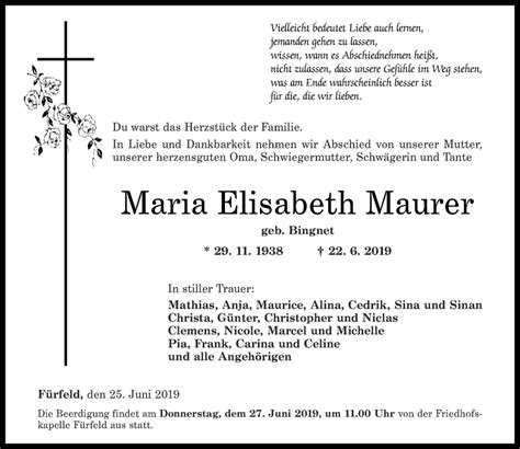 Traueranzeigen Von Maria Elisabeth Maurer Rz Trauer De