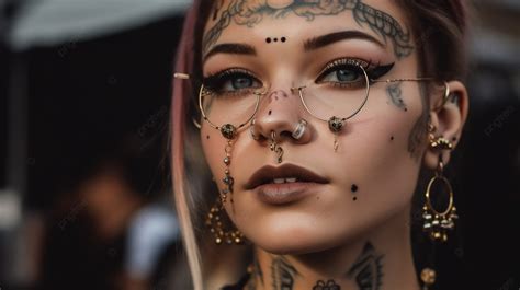 Fond Femme Avec Des Piercings Et Des Tatouages Portant Des Lunettes