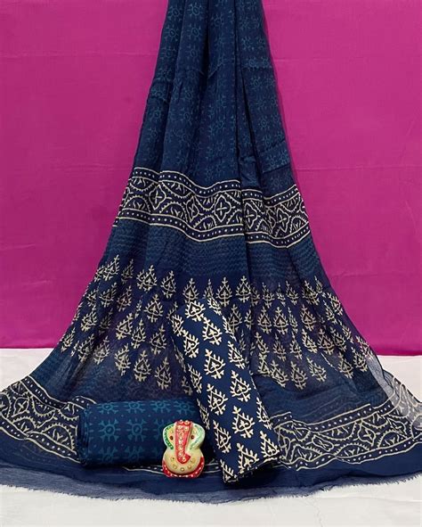 Bagru Hand Block Printed Pure Cotton Dress Material With Pure Chiffon