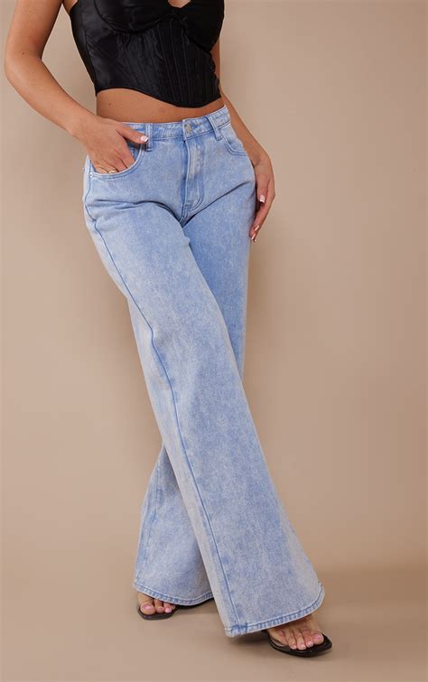 Washed Blue Wide Leg Low Rise Jeans Denim Prettylittlething Usa