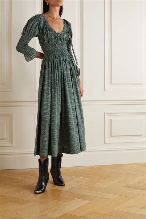 Green Net Sustain Kaira Smocked Printed Organic Cotton Voile Midi