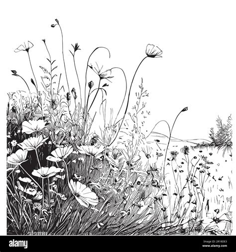 Wiese Wildblumen Handgezeichnete Skizze In Doodle Stil Illustration