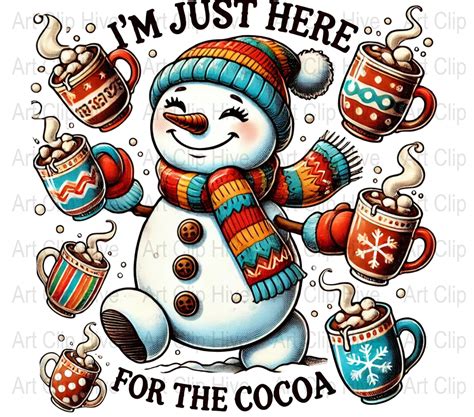 Snowman Hot Cocoa PNG Xmas Frosty Cute Snowman Drinking Cocoa Clipart Cozy Winter Wall Art