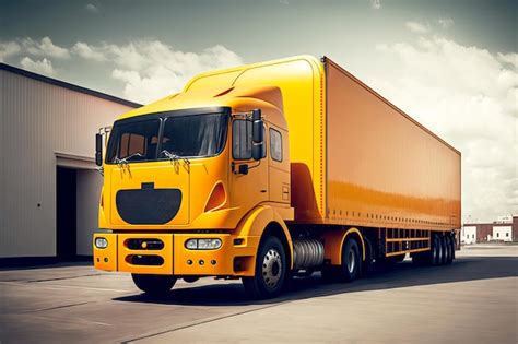 Premium Photo Yellow Orange Cargo Truck Leaving Warehouse With Full