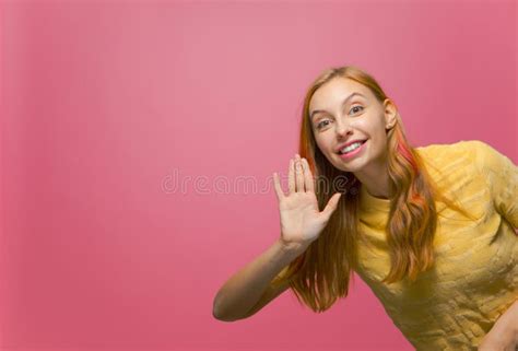 Hi, Bye Gesture. Smiling Young Girl Wave Hand Greet, Welcome on Pink Background with Copyspace ...