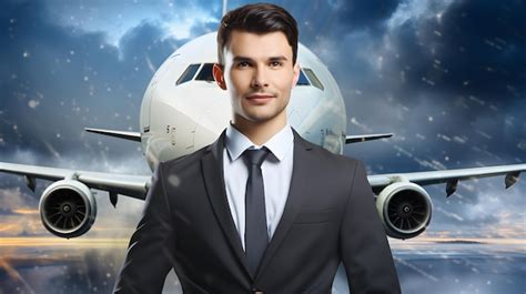 Premium AI Image | a man in a suit and tie standing in front of an airplane